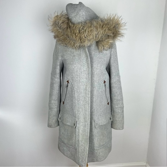 J. Crew Chateau Parka in Italian stadium-cloth wool Gray Coat Fur Hood Size 0 - Picture 8 of 8